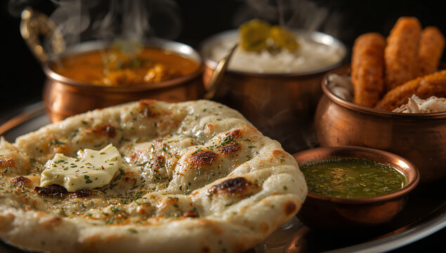 Authentic indian dinner featuring freshly baked naan bread with butter steaming curries basmati rice appetizers served on a dark background indian food copper bowl hot food photography