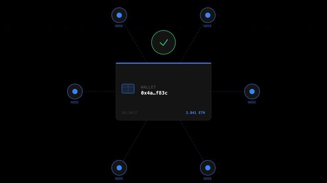 Suitable for financial websites, apps, and articles on blockchain technology. Display of network node, blockchain ledger system, digital wallet interface.