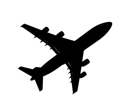 A high-angle, black silhouette of a four-engine airplane on white