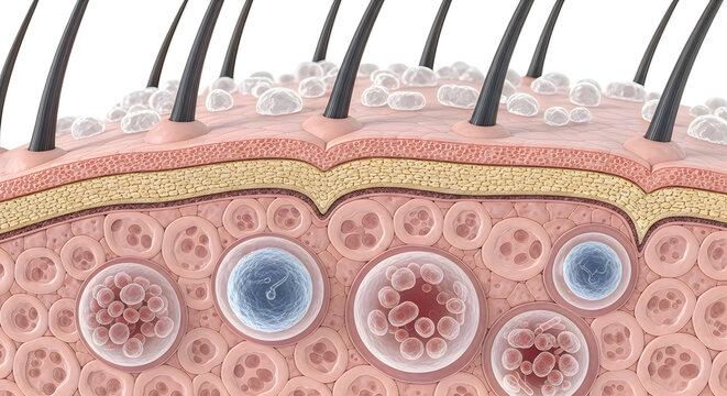 Medical illustration of skin layers with hair follicles and sweat glands, detailed vector art for educational purposes