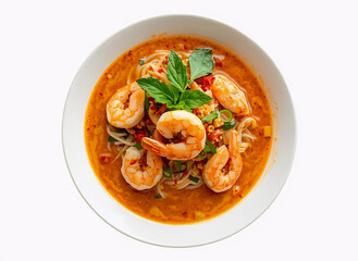 Fototapeta premium Creamy Shrimp Curry with Herbs on White Plate Top View