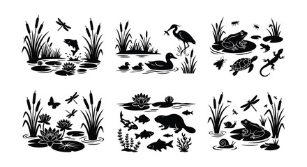 Pond Ecosystem Vector Illustrations With Wildlife And Aquatic Plants © Begum