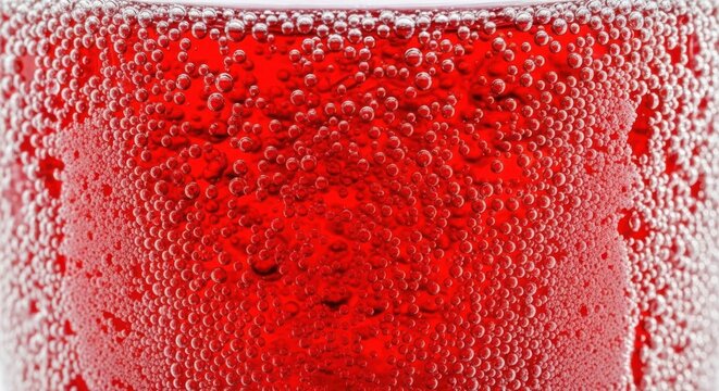 Vibrant red soda with carbonated bubbles, refreshing fizzy soft drink texture, close-up of sparkling liquid in a glass for beverage advertising