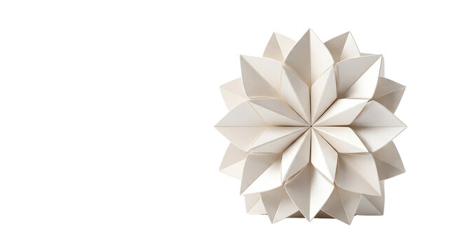 Minimalist white origami flower sculpture, geometric paper craft lotus on white background, elegant folded paper art for modern interior decor