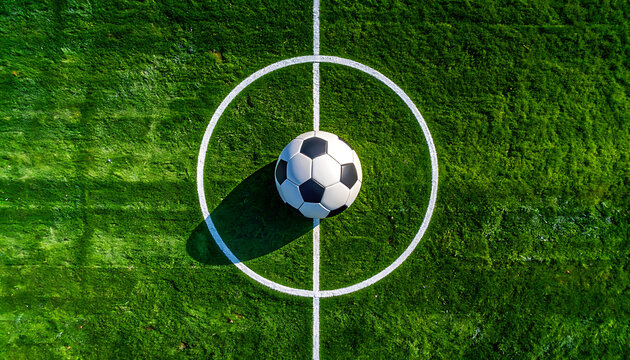 Soccer ball on green grass field center circle from aerial view, sport game concept