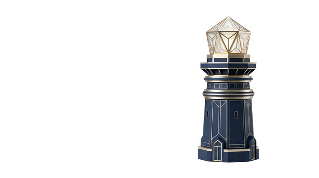 Futuristic lighthouse model with geometric glass lantern, navy blue nautical tower with gold accents, modern maritime beacon isolated on white
