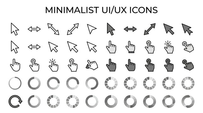 minimalist UI UX icons set featuring arrow cursors hand pointers and progress loading wheels on white background, perfect for web design, app development and digital presentation