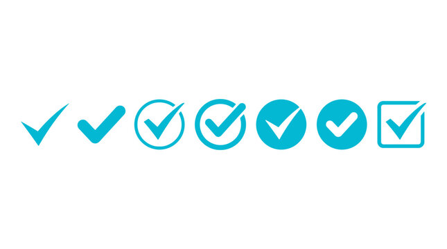 Blue check mark icons set in circle and square shapes on white background, perfect for user interface, business presentation and mobile app design