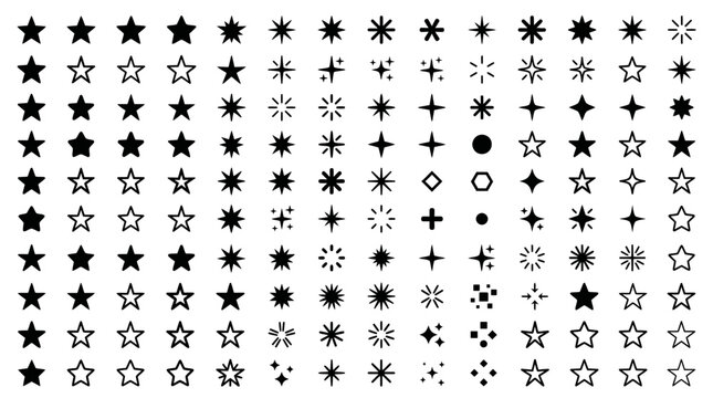 Set of various black star and sparkle flat line icons isolated on white background, perfect for branding design, website decorations and creative graphic presentations