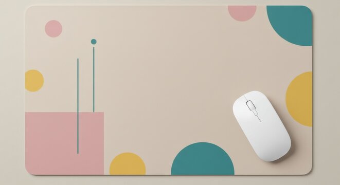 Minimalist geometric mouse pad with white wireless mouse, modern desk mat with abstract shapes, aesthetic office workspace setup with pastel colors
