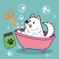 Naklejka premium Vector illustration cute cartoon dog happily bathing in a pink tub with bubbles and grooming tools nearby