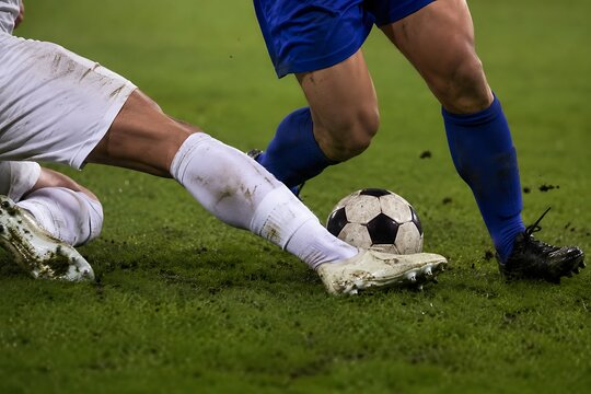 Physical football tackle during possession fight between two players.