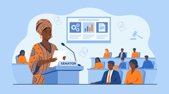 Female African senator giving a speech in a legislative assembly