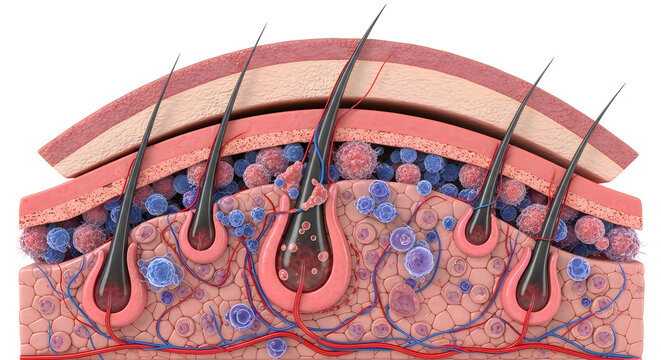 Detailed vector art of human hair follicles and scalp anatomy with cross-section view of hair growth cycle stages