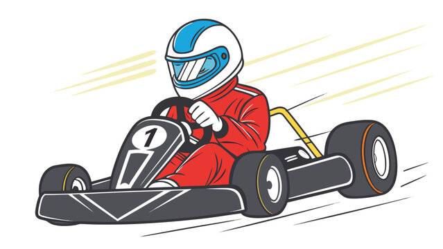 Vector illustration cartoon character racing in a gokart with protective helmet and racing suit