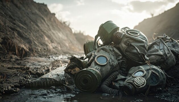 Pile of discarded, mud-splattered gas masks lying in a waterlogged trench, evoking a grim, post-war atmosphere and the aftermath of chemical conflict.