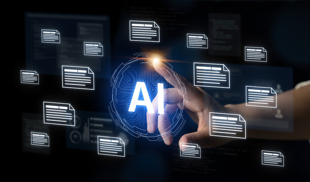 AI document automation concept with floating files and knowledge cards. Document NLP processing, search, document summarization, LLM document management for DMS enterprise workflows. Corpus