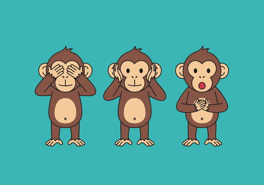 Three Wise Monkeys Posing Playfully While Covering Their Eyes, Ears, and Mouth on a Teal Background