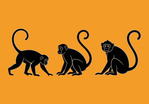 Three black silhouette monkeys on an orange background, engaged in various playful postures