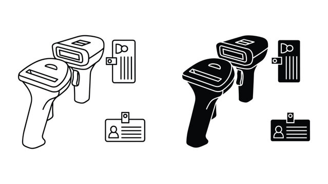 Barcode scanner and id card reader icons in black and white line art on a white background