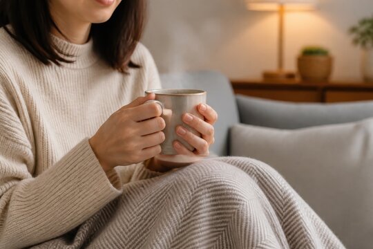 ソファで毛布に包まり白いマグを持つ女性