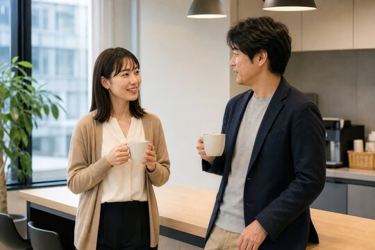 オフィスで温かい飲み物を持って話す二人