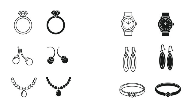 Collection of various jewelry items including rings, watches, earrings, necklaces, and bracelets in black and white line art on white background
