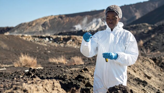 Scientist in protective suit collecting soil sample from a barren, cratered field during environmental research