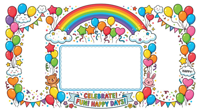 Colorful birthday photo frame border with balloon arch and rainbow arc for festive party celebrations and memories