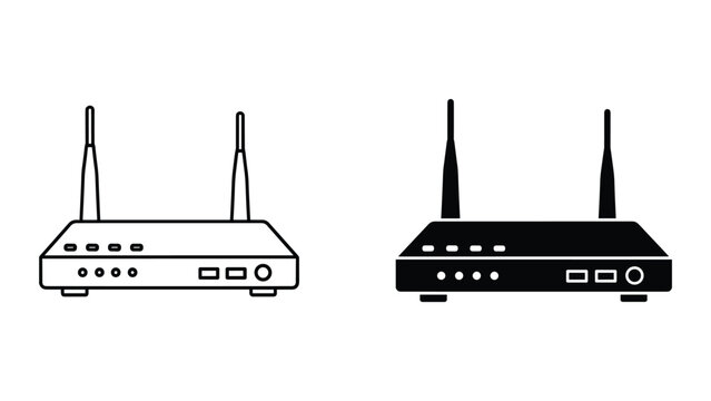 Vector illustration of black and white router icons with antennas on a white background