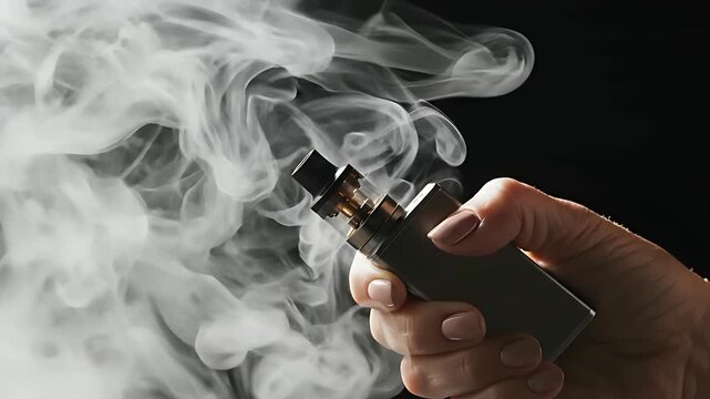 Hand holding electronic cigarette releasing thick white vapor on black background. Close-up of manicured fingers with a vape mod and swirling smoke. Smoking alternative and lifestyle concept.