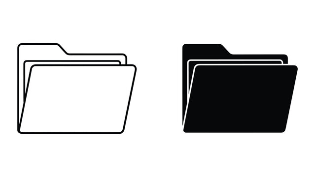 Black and white line icons of two file folders with tabs on the top left corner isolated on white background