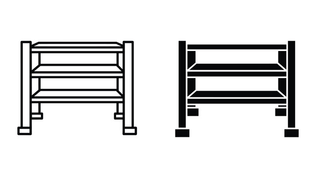 Vector illustration of shelving units with three levels in black and white line art on white background