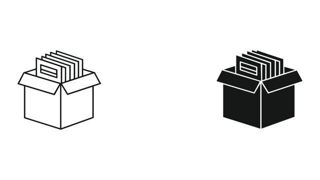 A set of two black and white line icons depicting open cardboard boxes filled with documents
