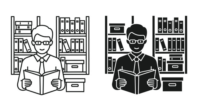 Two men reading books in front of bookshelves with binders and folders