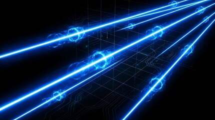 Obraz premium Glowing blue light beams travel through a dark digital grid representing high speed data transfer and advanced electronic network communication in a modern virtual cyberspace environment