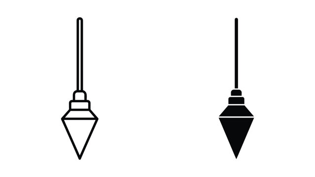 Black and white line art illustration of two plumb bobs hanging on strings for construction and measurement purposes isolated on white background