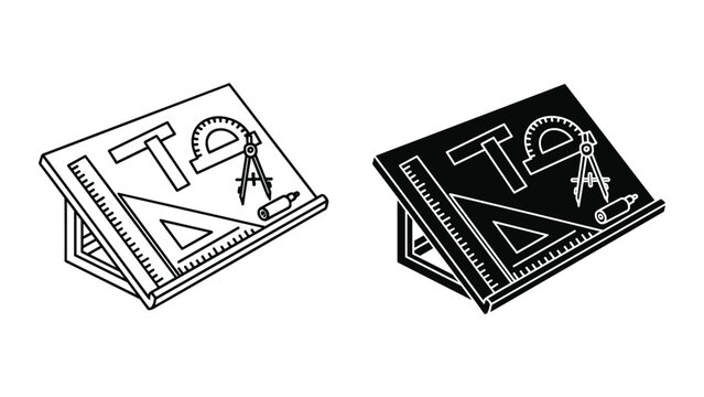 Vector illustration of two drafting table boards with geometry tools on top, including a ruler, protractor, and compass, for architecture and engineering designs