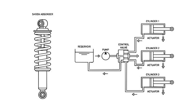 Car Shock Absorber And Coil Spring Hydraulic Suspension System Parts Line Art Technical Blueprint Mechanical Automotive Components Vector Illustration
