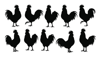 Collection of black rooster silhouettes in various poses a decorative farm animal illustration silhouette roosters cock cockerel poultry fowl barnyard © SIMPLYXRIAD
