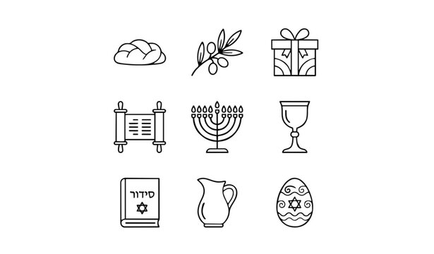 Jewish Symbols Line Art Icon Grid Featuring Menorah Star Of David Torah Scrolls Shofar Dreidel Pomegranate And Judaism Culture Vector Templates