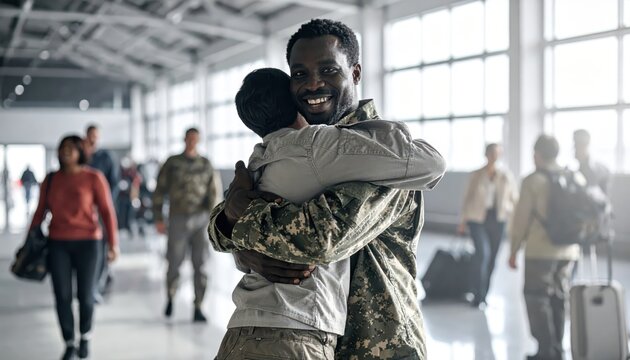 Soldier in modern combat fatigues emotionally embracing a loved one upon return