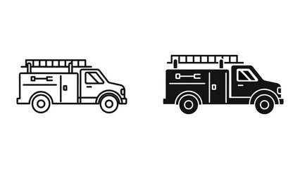 Black and white line icons of two fire trucks with ladders on top isolated on white background © SHAHRIYAR RASEL
