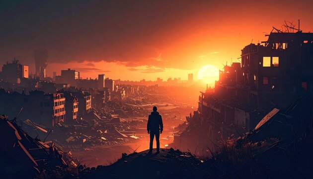 Silhouette of a solitary figure standing on a hilltop overlooking a destroyed city at sunset, conveying a sense of desolation and reflection.