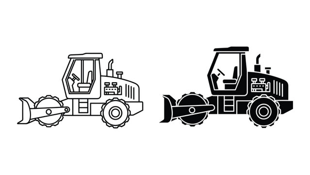 Black and white line drawing and silhouette of two road rollers on white background