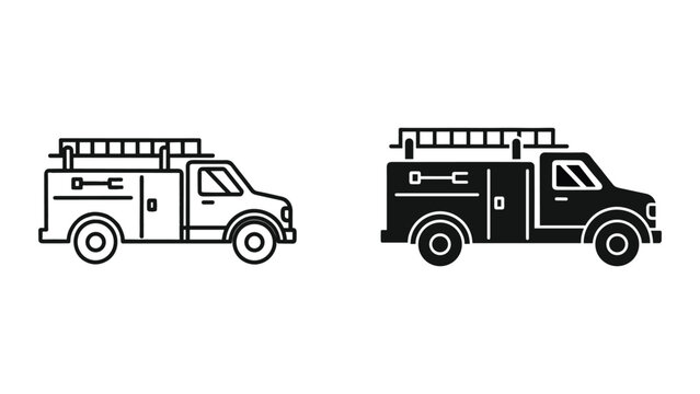 Black and white line icons of two fire trucks with ladders on top isolated on white background