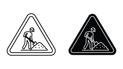 Black and white triangular road sign icons with construction worker and shovel © SHAHRIYAR RASEL