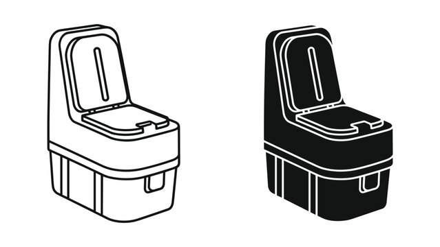 Black and white line art illustration of two portable toilets side by side on white background