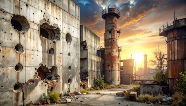 Ruined industrial complex with a weathered tower under a dramatic sunset sky, representing urban decay and post-war desolation.