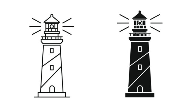Black and white lighthouse icons with light beams emitting from the top in line and solid styles